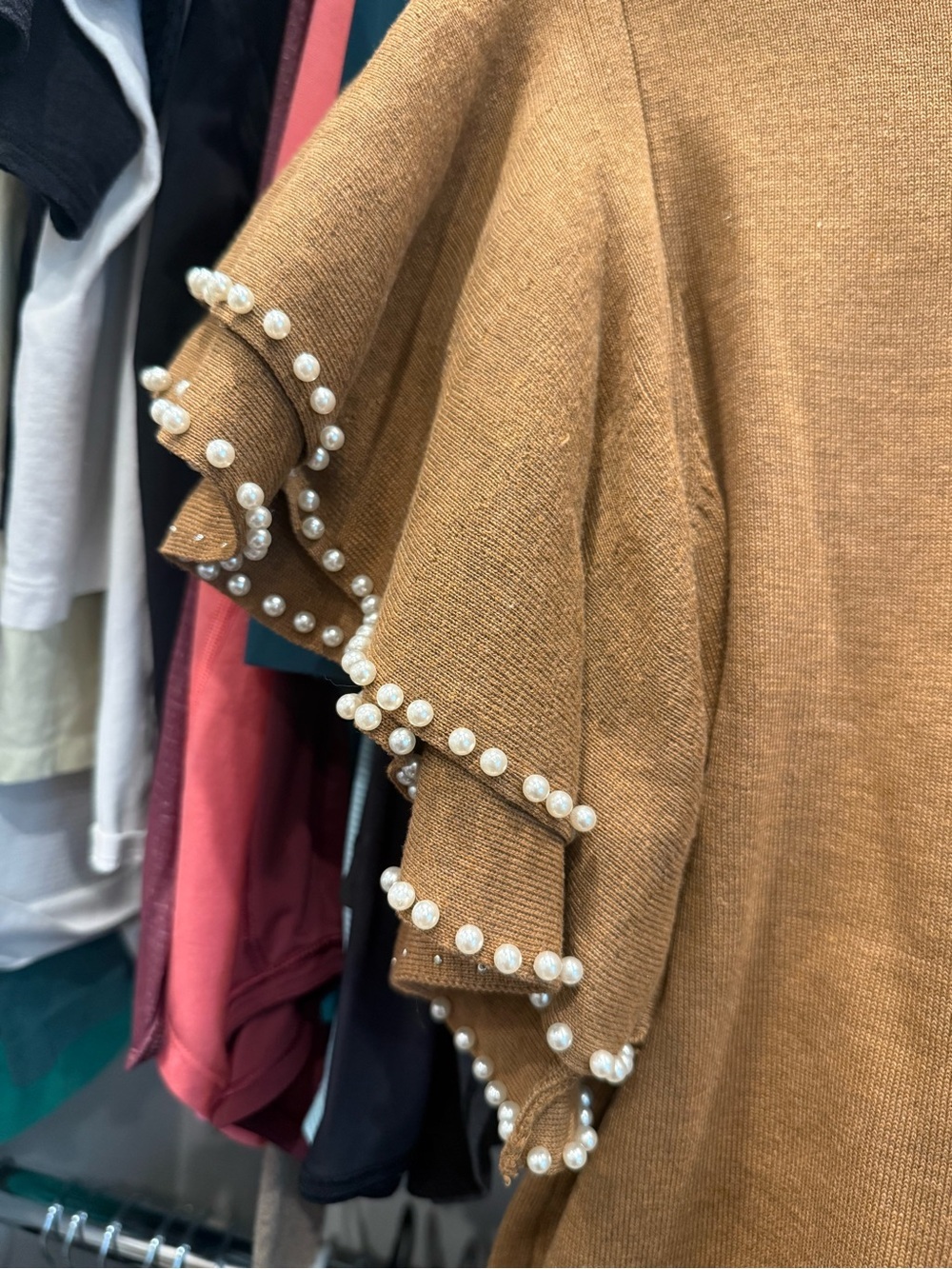 Pearl-Trim Ruffle Sleeve Sweater Top in Camel-Size M - Picture 6 of 8